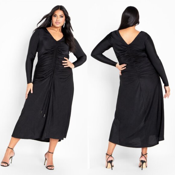 NWT City Chic Black Long Sleeve Ruched Front & Back A-Line Dress 18 - Picture 1 of 14